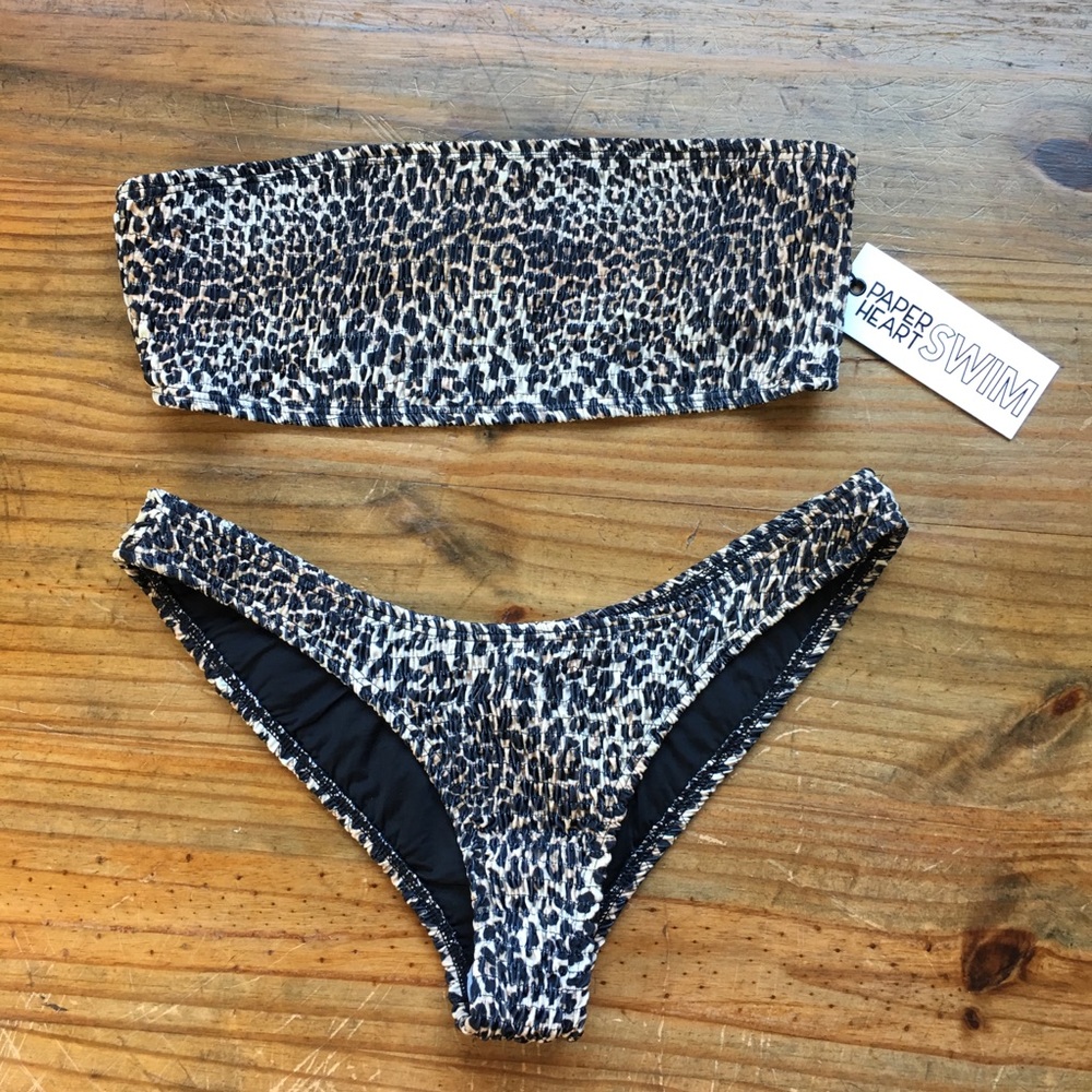 Paper Heart Swim Smocked Bandeau Bikini, Cheetah